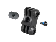 Black plastic quick-release mounting bracket with a matching black wing clip and a small blue-accented screw, shown on a plain white background.