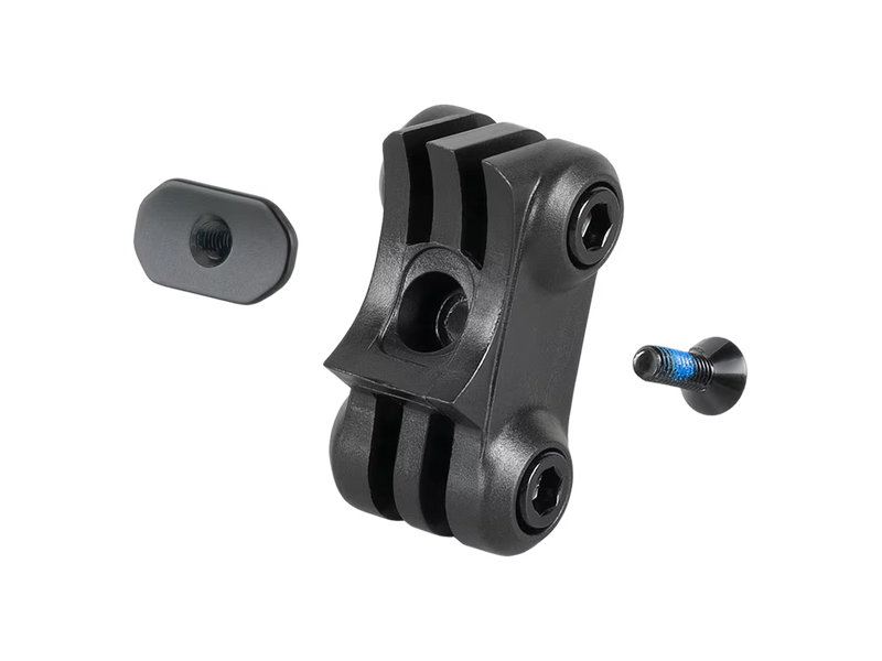 Black plastic quick-release mounting bracket with a matching black wing clip and a small blue-accented screw, shown on a plain white background.