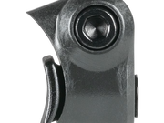 Close-up of a black metal mechanical component with a hexagonal fastener and curved lever, shown on a plain white background.