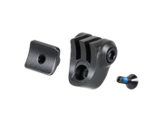 Black plastic mounting bracket hardware set with a main bracket piece, a square mounting plate, and a small blue-screw fastener on a white background.