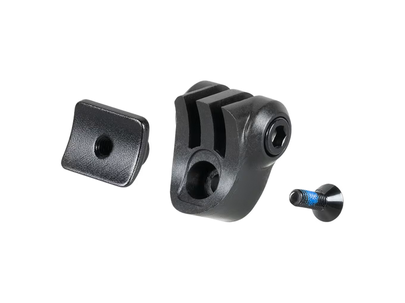 Black plastic mounting bracket hardware set with a main bracket piece, a square mounting plate, and a small blue-screw fastener on a white background.