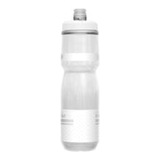 A translucent white water bottle with a white screw cap and a white label band near the bottom, shown against a plain white background.