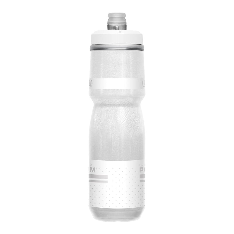 A translucent white water bottle with a white screw cap and a white label band near the bottom, shown against a plain white background.