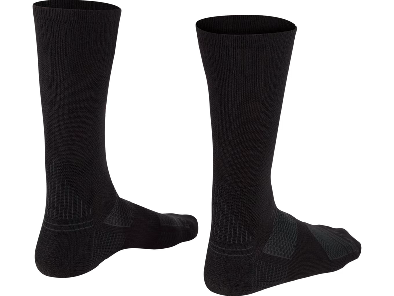 Product image of a pair of black Bontrager Race Merino Wool Crew Cycling Socks shown from the rear, featuring subtle dark grey geometric graphics along the ankle and heel area with visible wraparound pattern details on a white background.