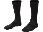 Product image of a pair of black Bontrager Race Merino Wool Crew Cycling Socks shown from the front, featuring grey Bontrager branding at the toe and subtle dark grey geometric graphics across the forefoot and ankle on a white background.