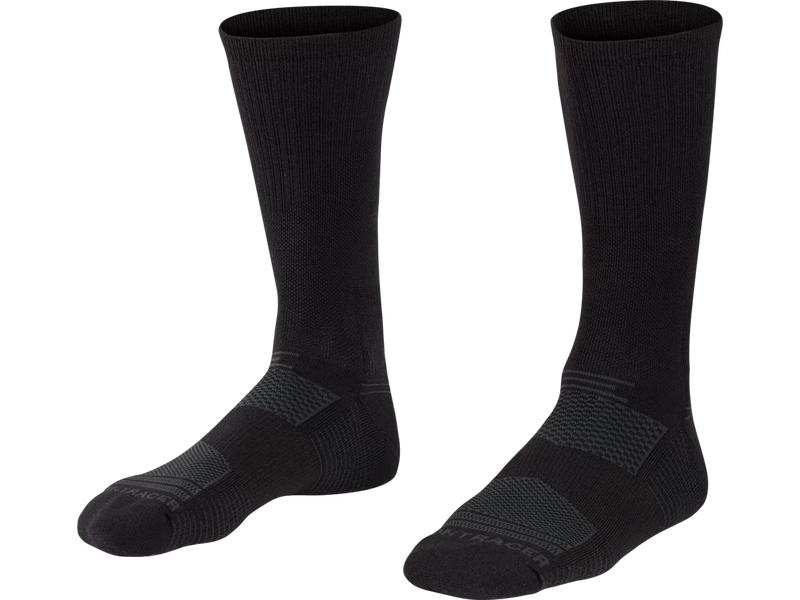 Product image of a pair of black Bontrager Race Merino Wool Crew Cycling Socks shown from the front, featuring grey Bontrager branding at the toe and subtle dark grey geometric graphics across the forefoot and ankle on a white background.
