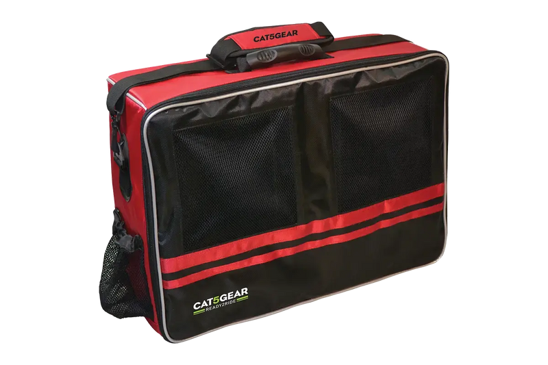 A Cat5Gear rugged transport bag with a red exterior, featuring two front mesh windows and a top handle, shown on a plain white background.
