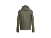 An olive green hooded jacket shown from the back, displayed on a clean white background.