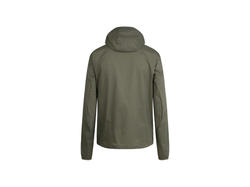 An olive green hooded jacket shown from the back, displayed on a clean white background.