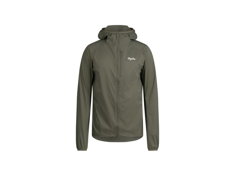 An olive green hooded jacket with a full front zipper and a small white 'Rapha' logo on the left chest, displayed on a clean white background.