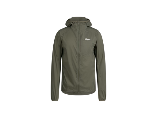 An olive green hooded jacket with a full front zipper and a small white 'Rapha' logo on the left chest, displayed on a clean white background.