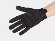 Trek Rhythm mountain bike glove palm view with black perforated fabric and textured thumb and index fingertips.