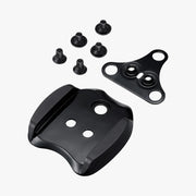 Black metal mounting brackets with screws on a white background