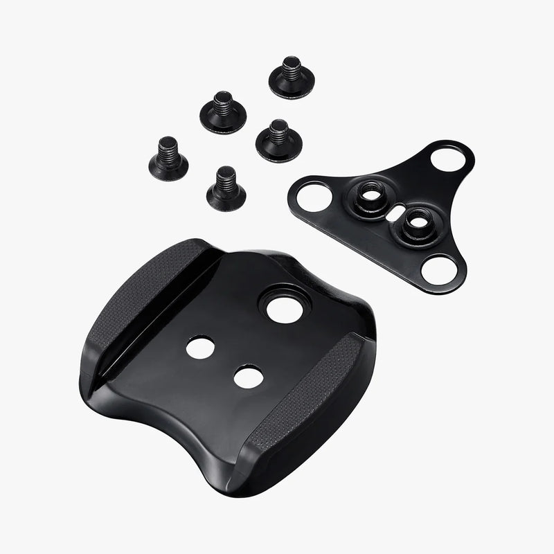 Black metal mounting brackets with screws on a white background