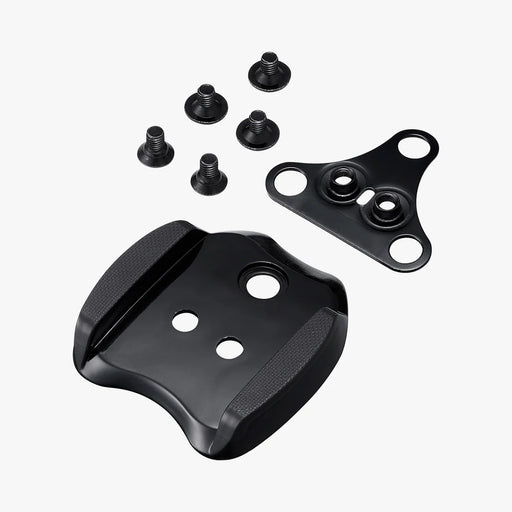 Black metal mounting brackets with screws on a white background