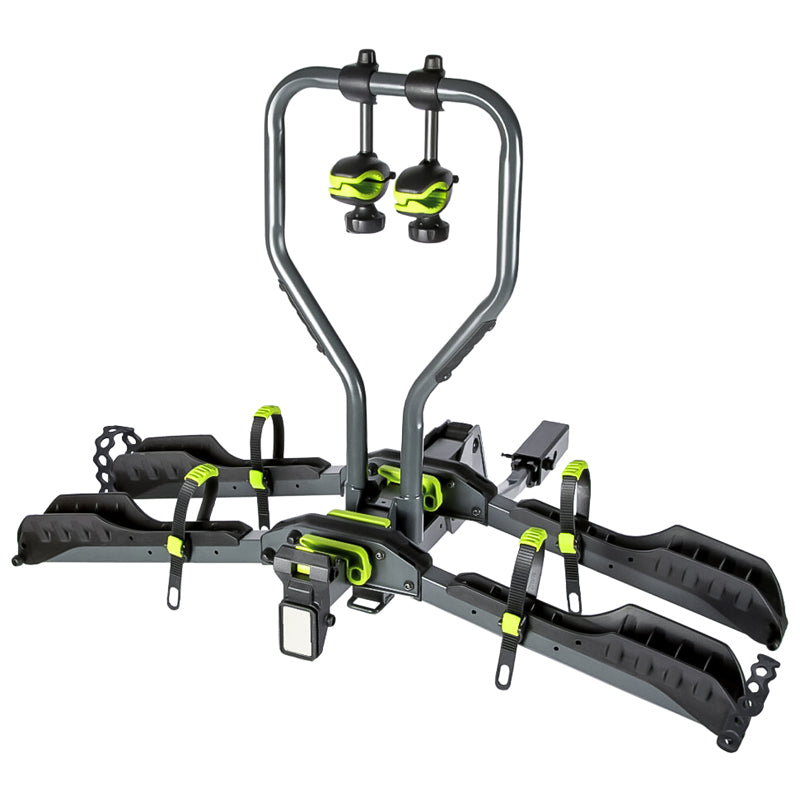 BuzzRack Scorpion H E‑Bike Hitch Rack in black with green accents, shown on a white background with two wheel support trays.