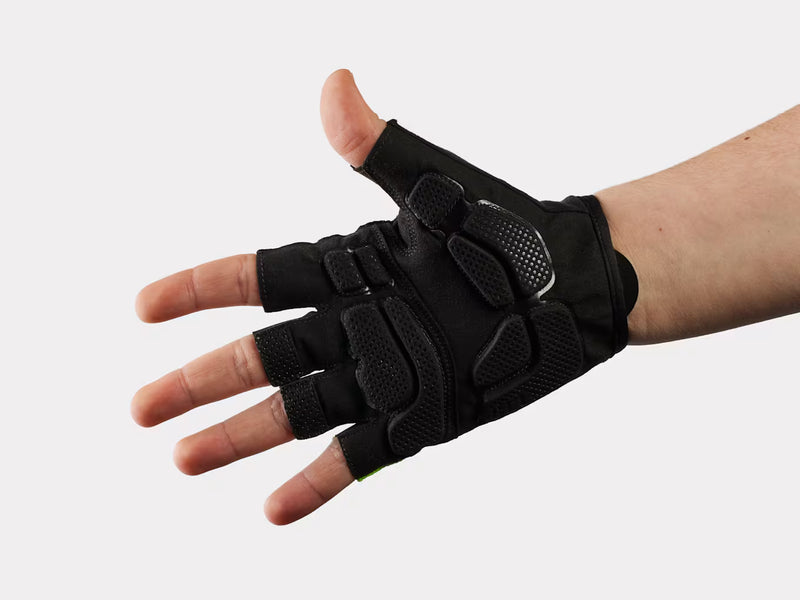 Trek Solstice Gel cycling glove, palm view of the visibility yellow version, black palm with raised gel pads
