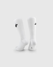 Image of Assos Spring Fall Socks P1, White, with a back Assos logo near the cuff and some black copy one bottom.