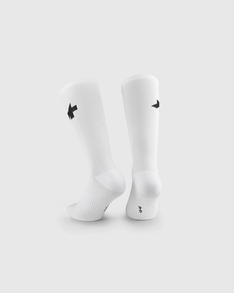Image of Assos Spring Fall Socks P1, White, with a back Assos logo near the cuff and some black copy one bottom.