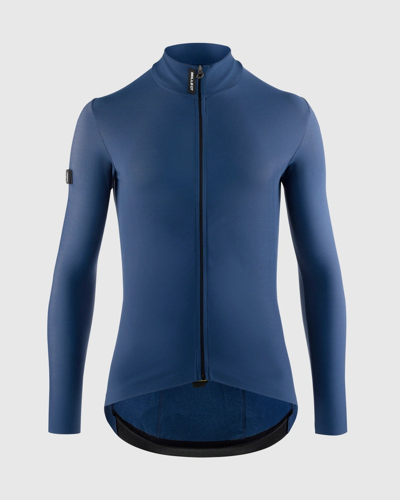 Blue long-sleeved cycling jersey on a light gray background, front view