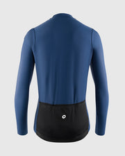 A long-sleeve cycling jersey shown from the back, featuring a solid blue upper body and sleeves with a contrasting black lower pocket back panel containing a small white Assos logo.