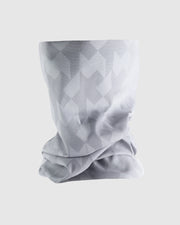 Gray geometric patterned neck gaiter on a white background