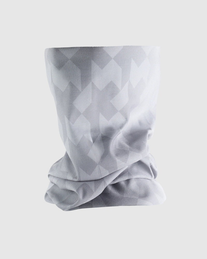 Gray geometric patterned neck gaiter on a white background