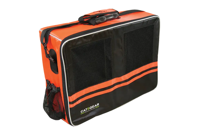 A Cat5Gear rugged transport bag with a orange exterior, featuring two front mesh windows and a top handle, shown on a plain white background.