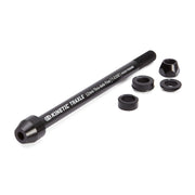 Kinetic T-2100 Traxle 12 mm trainer-compatible thru axle with spacers and mounting hardware on a white background