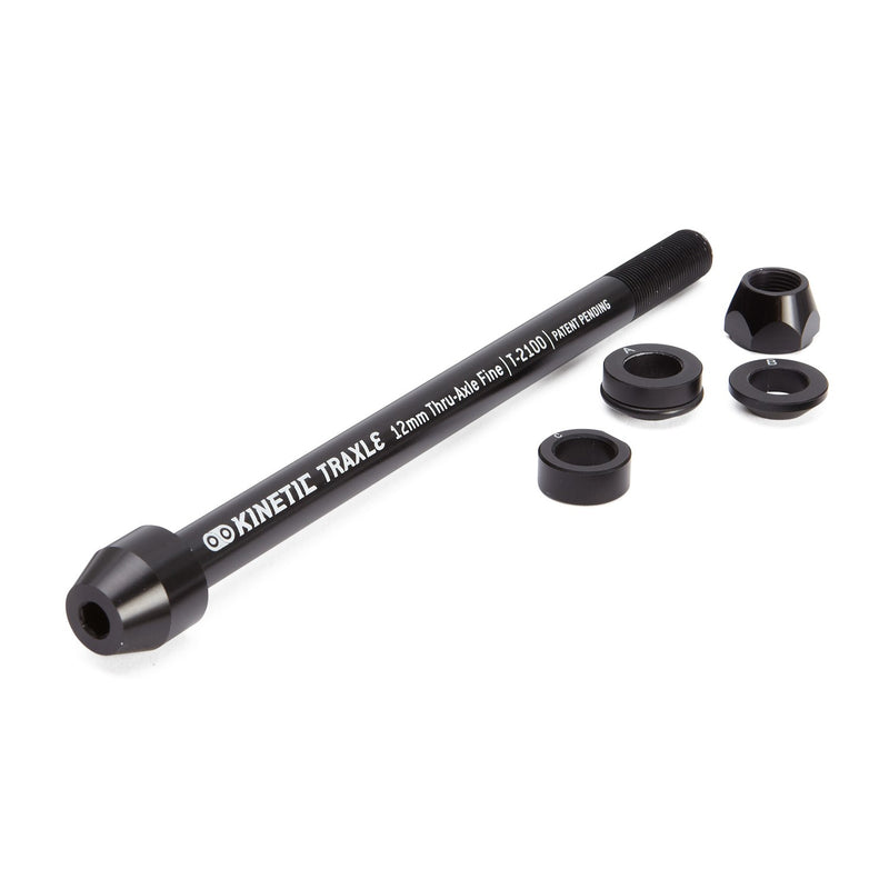 Kinetic T-2100 Traxle 12 mm trainer-compatible thru axle with spacers and mounting hardware on a white background