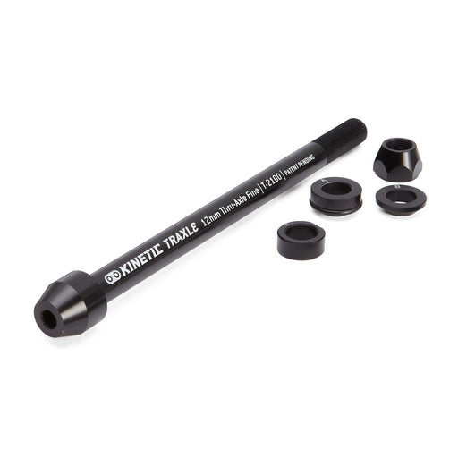 Kinetic T-2100 Traxle 12 mm trainer-compatible thru axle with spacers and mounting hardware on a white background