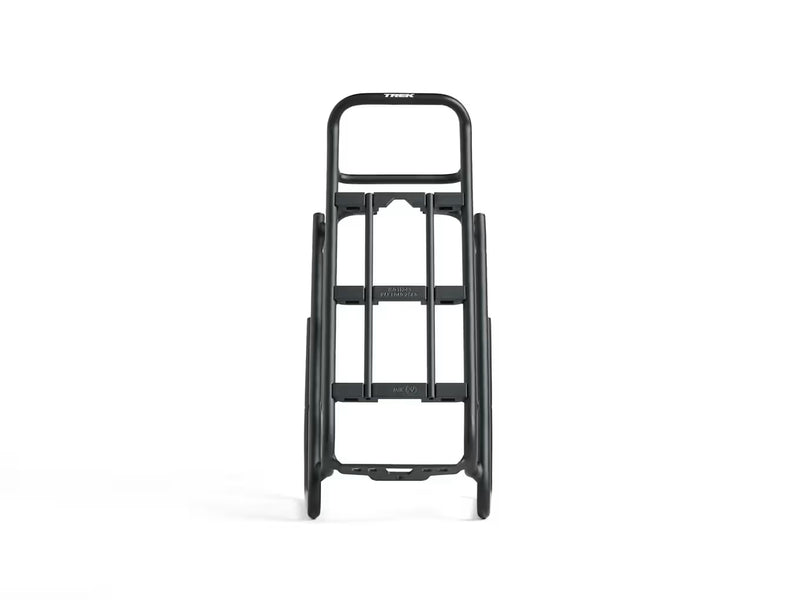 Top view of the Trek BackRack Deluxe MIK Studs Rear Rack, highlighting the cargo platform, integrated MIK mounting surface, and Trek branding.