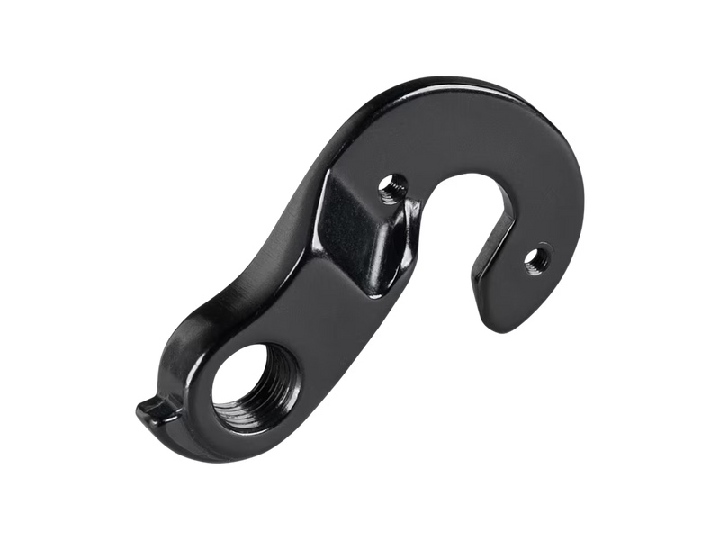 close up image of a bicycle derailleur hanger, reverse side, tip to the right