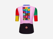 Trek First 50 Cycling Jersey (Limited Edition), back view in bold pink, black, green, and red with a grid of Trek-themed icons