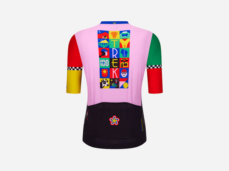 Trek First 50 Cycling Jersey (Limited Edition), back view in bold pink, black, green, and red with a grid of Trek-themed icons