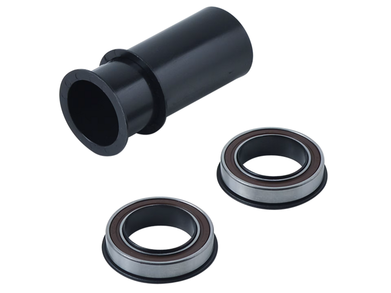 Two black cylindrical parts and two metallic bearings on a white background