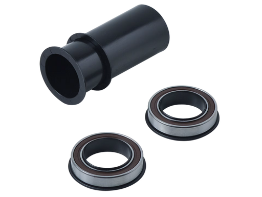 Two black cylindrical parts and two metallic bearings on a white background