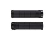 Two black bicycle handlebar grips shown from opposite ends on a plain white background.