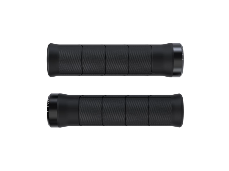 Two black bicycle handlebar grips shown from opposite ends on a plain white background.