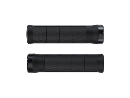 Two black bicycle handlebar grips shown from opposite ends on a plain white background.
