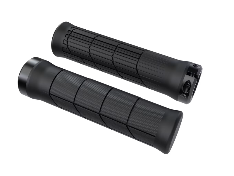 Pair of black MTB bicycle grips on a white background