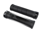 Two black bicycle grips on a white background, positioned diagonally to show the finger indentations and textured grip pattern on both sides.