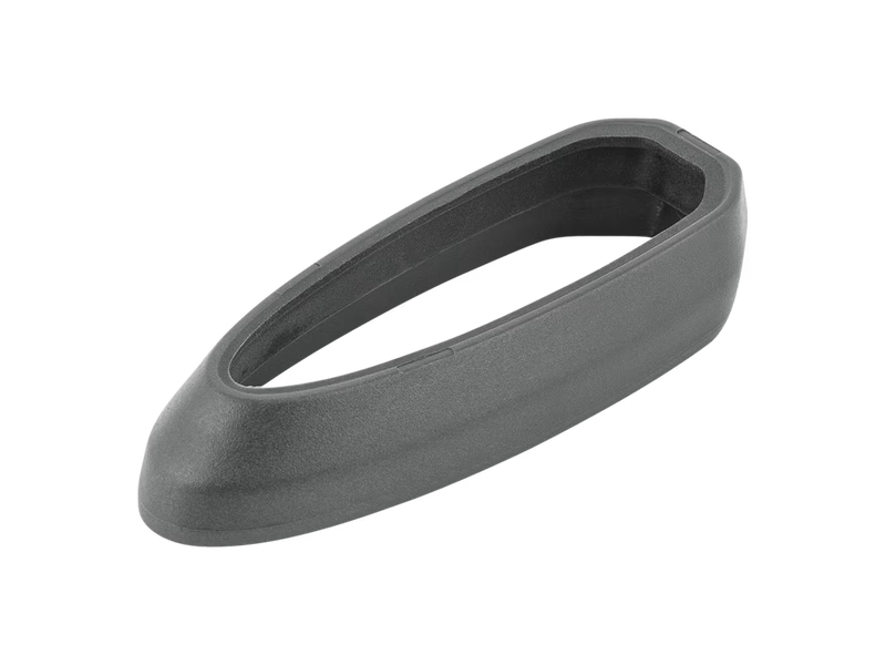 Product image of grommnet: a dark gray protective cover with a matte finish, designed with a rounded triangular tip and an open, hollow center, shown on a plain white background. 