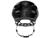 Rear view of the Trek Solstice Bike Helmet in Black Gloss, showing the Solstice branding, rear ventilation openings, and retention fit system.