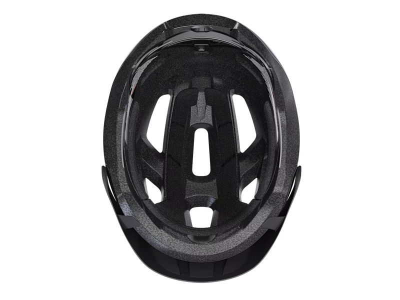 Interior view of the Trek Solstice Bike Helmet in Black Gloss, displaying the foam liner, comfort padding, adjustment straps, and retention system.