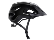 Right-side profile of the Trek Solstice Bike Helmet in Black Gloss, featuring the Trek logo, matte black visor, and ventilated shell design.