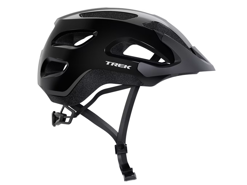 Right-side profile of the Trek Solstice Bike Helmet in Black Gloss, featuring the Trek logo, matte black visor, and ventilated shell design.