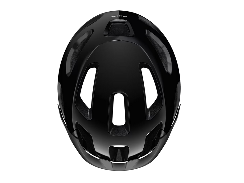 Top view of the Trek Solstice Bike Helmet in Black Gloss, highlighting the glossy finish, ventilation channels, and Solstice branding.