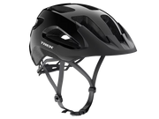Trek Solstice Bike Helmet in Black Gloss shown from a three-quarter right-side angle, featuring a glossy shell, matte black visor, large ventilation openings, and visible interior foam liner.