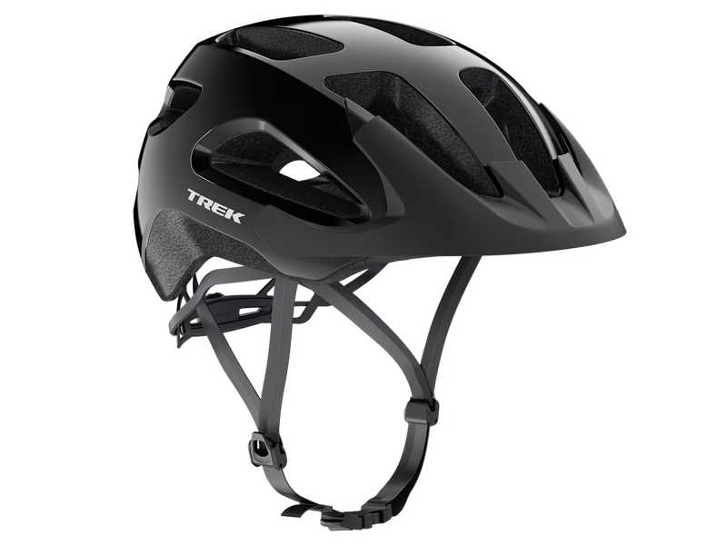 Trek Solstice Bike Helmet in Black Gloss shown from a three-quarter right-side angle, featuring a glossy shell, matte black visor, large ventilation openings, and visible interior foam liner.